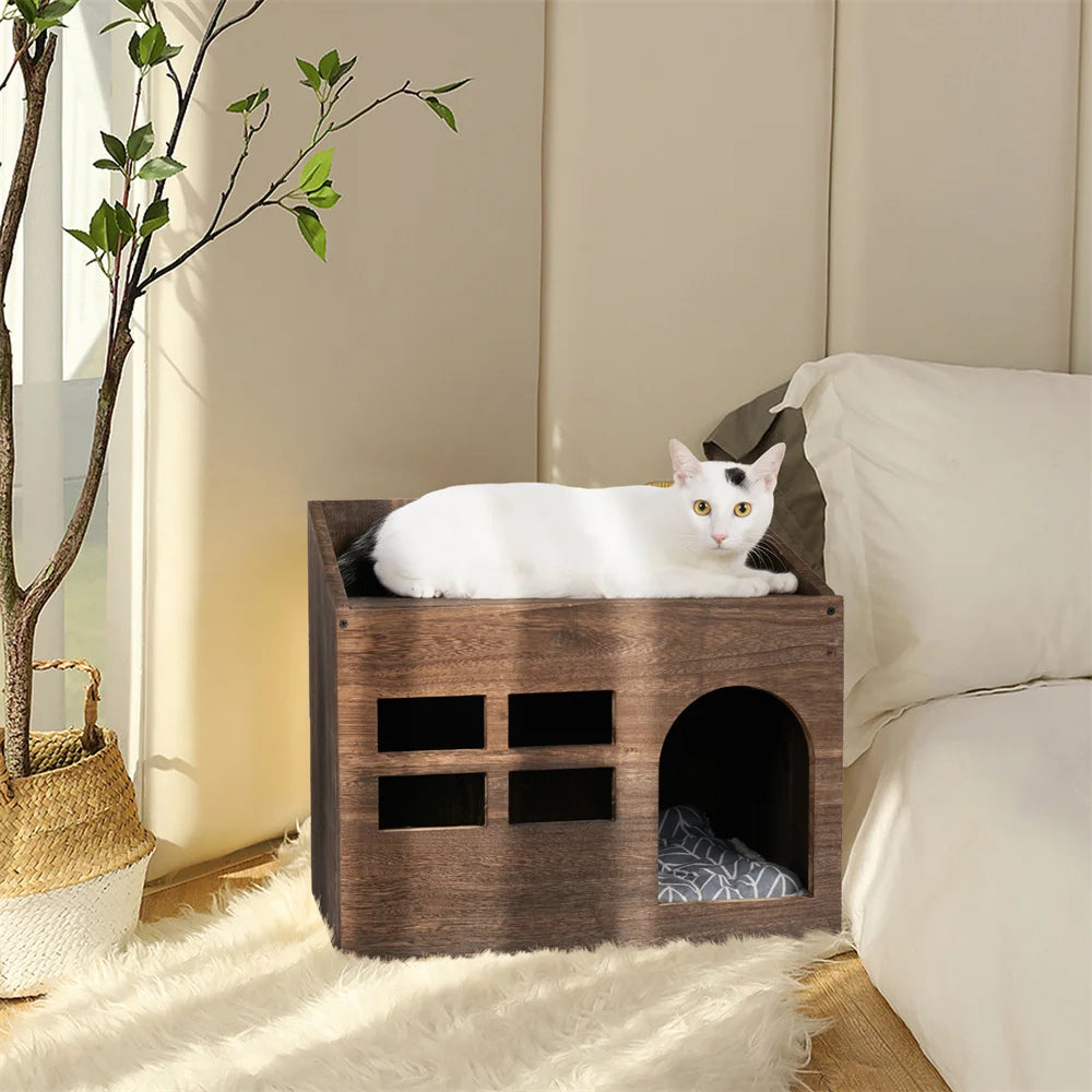 2-in-1 Wooden Pet House & End Table – Hideout for Cats, Puppies & Rabbits with Washable Cushion
