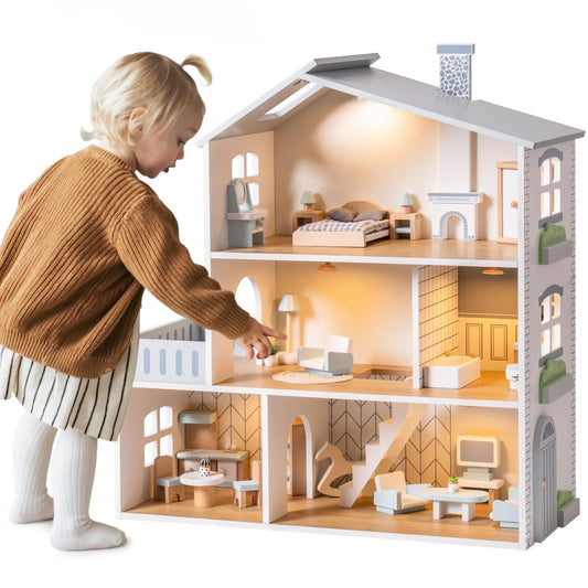 Wooden Dollhouse – 6 Rooms, 29 Accessories – Kids Gift for Ages 3+