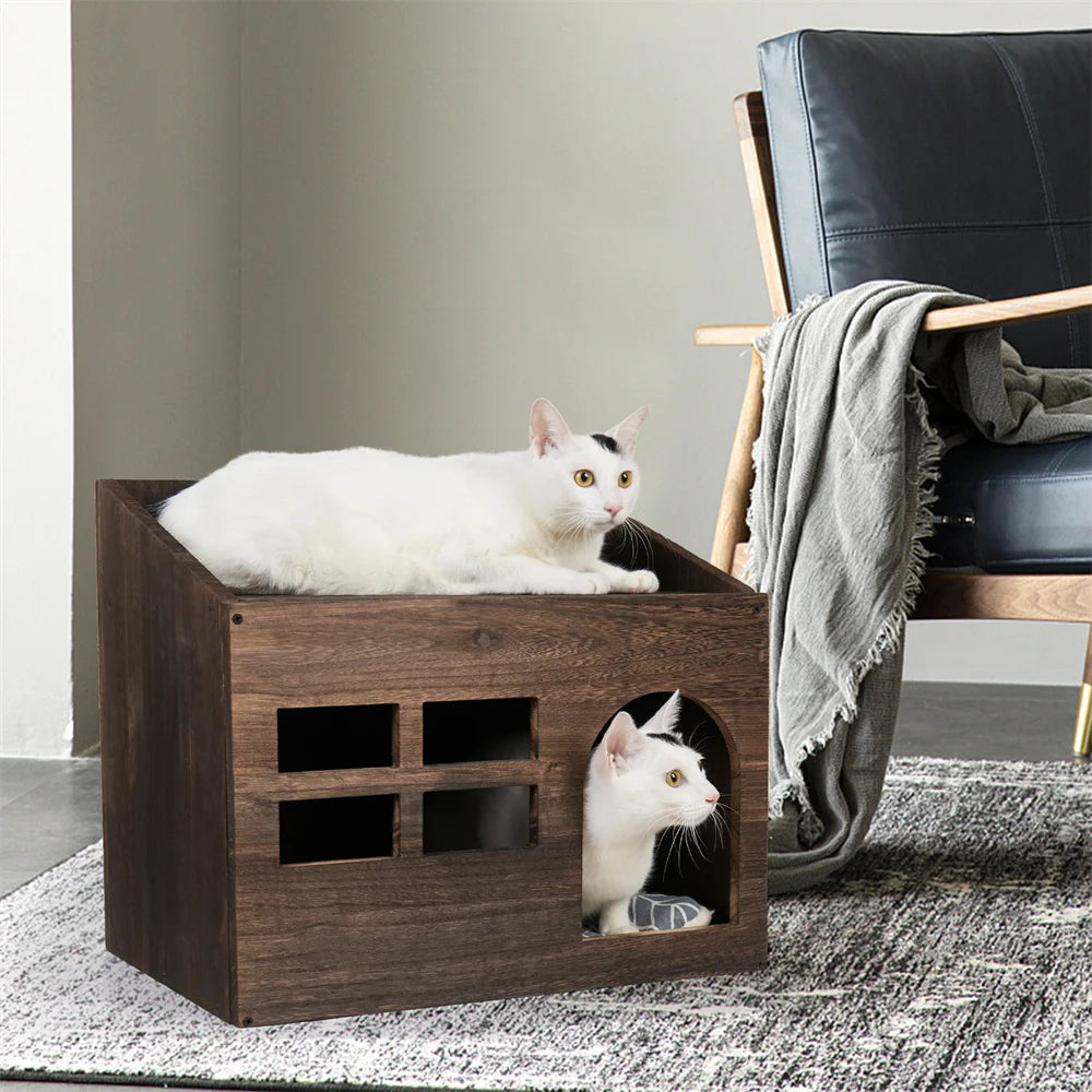 2-in-1 Wooden Pet House & End Table – Hideout for Cats, Puppies & Rabbits with Washable Cushion