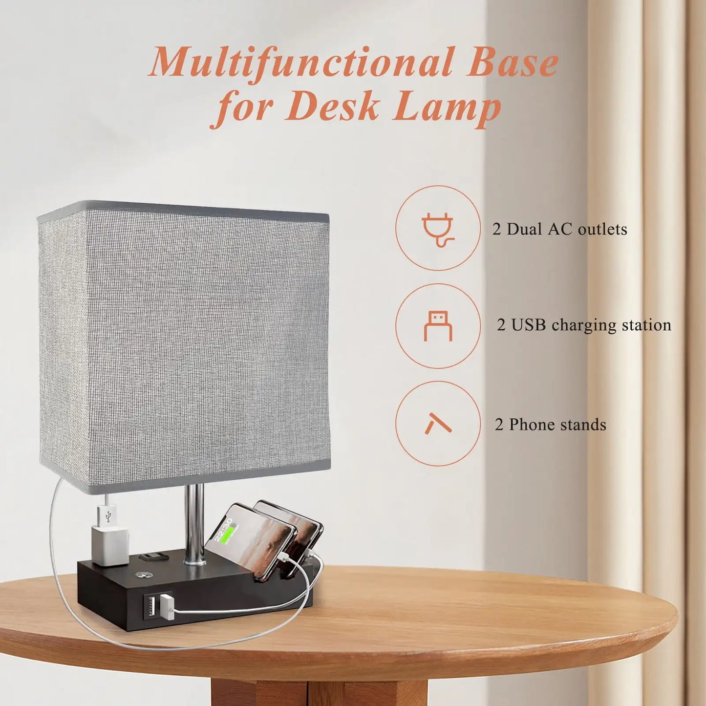 15.7" Bedside Table Lamp for Bedroom, Dual Fast USB Charging Ports, Fully Dimmable Nightstand Lamps