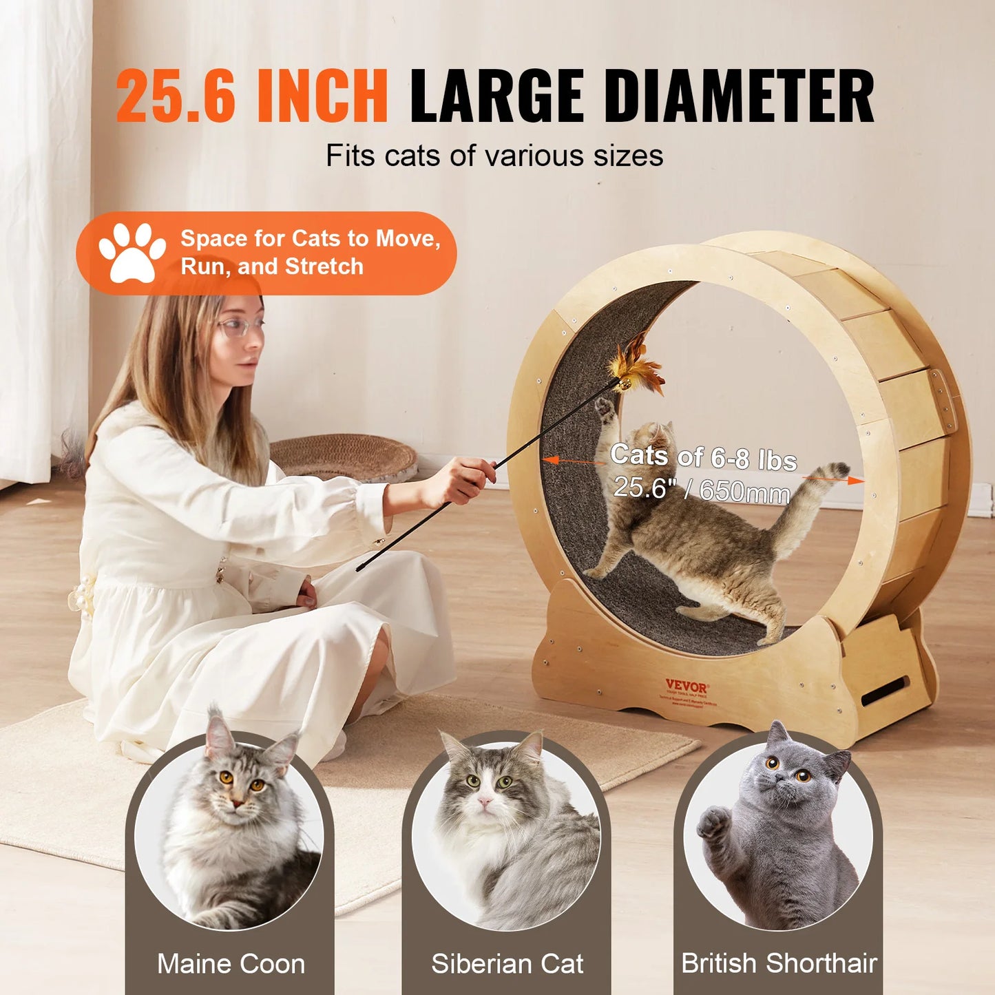 Natural Wood Cat Exercise Wheel Silent Running Pet Fitness Toy with Detachable Carpet