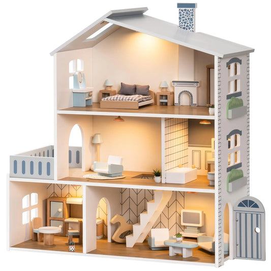 Wooden Dollhouse – 6 Rooms, 29 Accessories – Kids Gift for Ages 3+