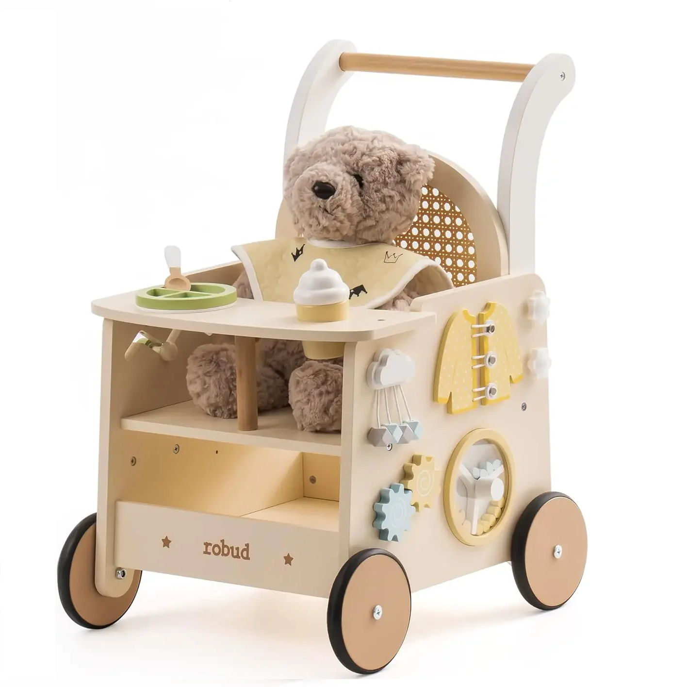 Wooden Baby Walker & Doll Stroller – Push Toy with Safety Brake for 10+ Months