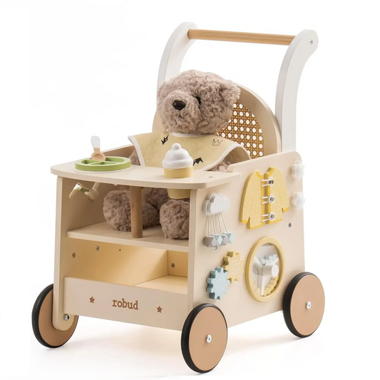 Wooden Baby Walker & Doll Stroller – Push Toy with Safety Brake for 10+ Months