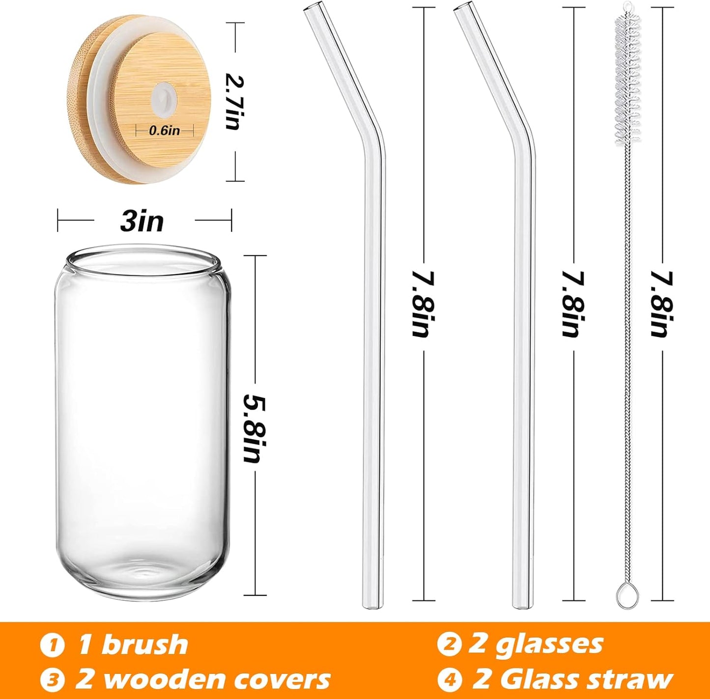 Drinking Glasses with Bamboo Lids and Glass Straw 2PCS Set, 16oz Glass Cups with Lids and Straws, Beer, Iced Coffee Glasses, Soda, Gift 1 Cleaning Brushes