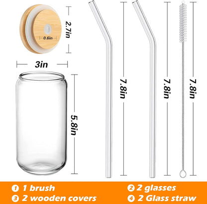 Drinking Glasses with Bamboo Lids and Glass Straw 2PCS Set, 16oz Glass Cups with Lids and Straws, Beer, Iced Coffee Glasses, Soda, Gift 1 Cleaning Brushes