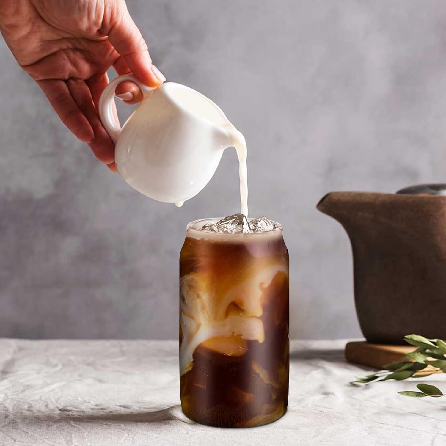 Drinking Glasses with Bamboo Lids and Glass Straw 2PCS Set, 16oz Glass Cups with Lids and Straws, Beer, Iced Coffee Glasses, Soda, Gift 1 Cleaning Brushes