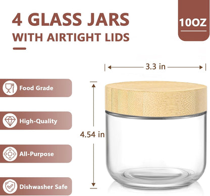DRKIO 10 Oz Overnight Oats Containers with Bamboo Lids - 4 Pack Glass Storage Jars with Airtight Lids Wide Mouth Mason Food Jars Great for Meal Prep Salad Chia Pudding Snacks Yogurt Sugar Spice