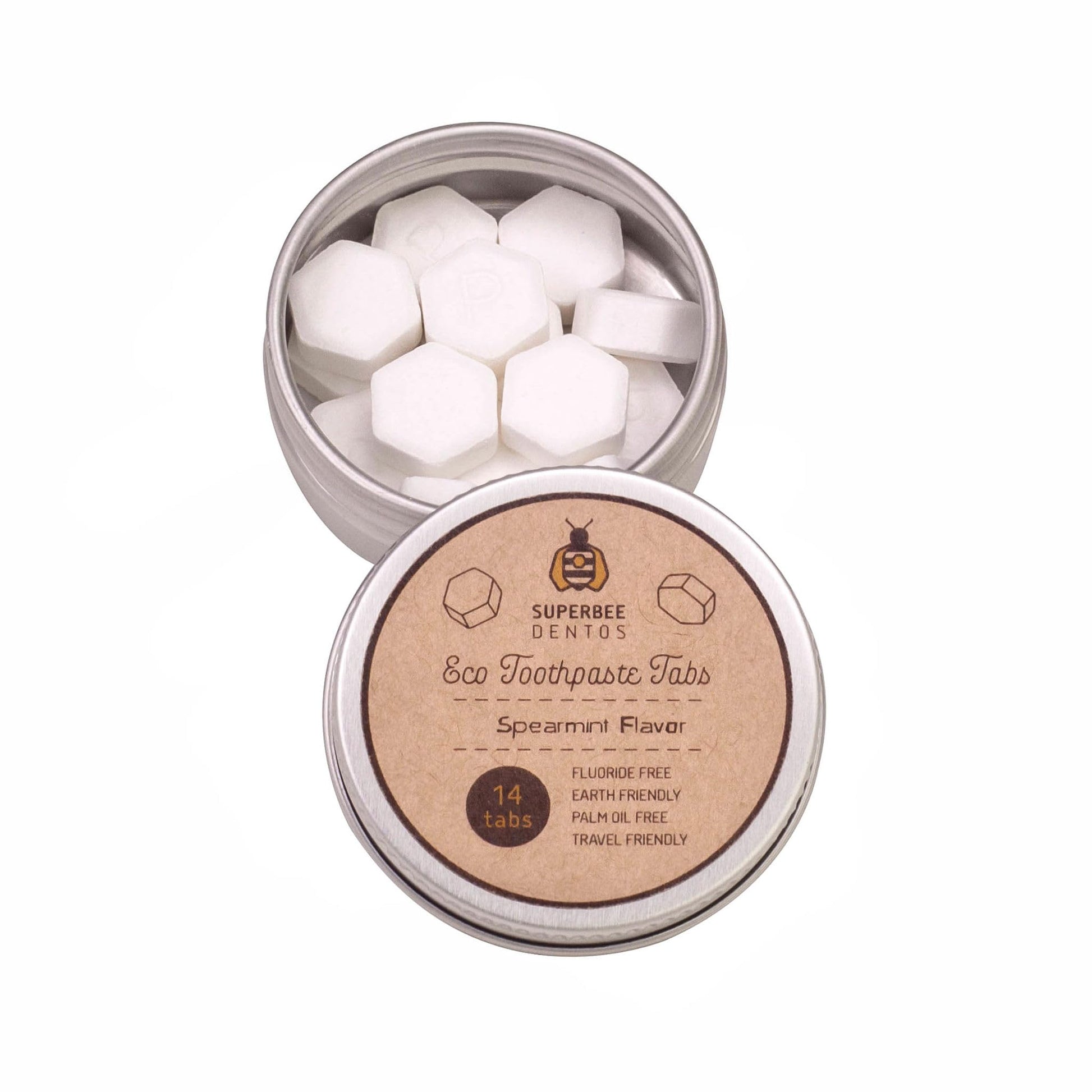 SuperBee Dentos Toothpaste Tablets, 100 Tabs, Fluoride Free & Eco Friendly, Travel Mouthwash Tablets, Sensitive Bites Kids Adults, Chewable Tablet, Spearmint
