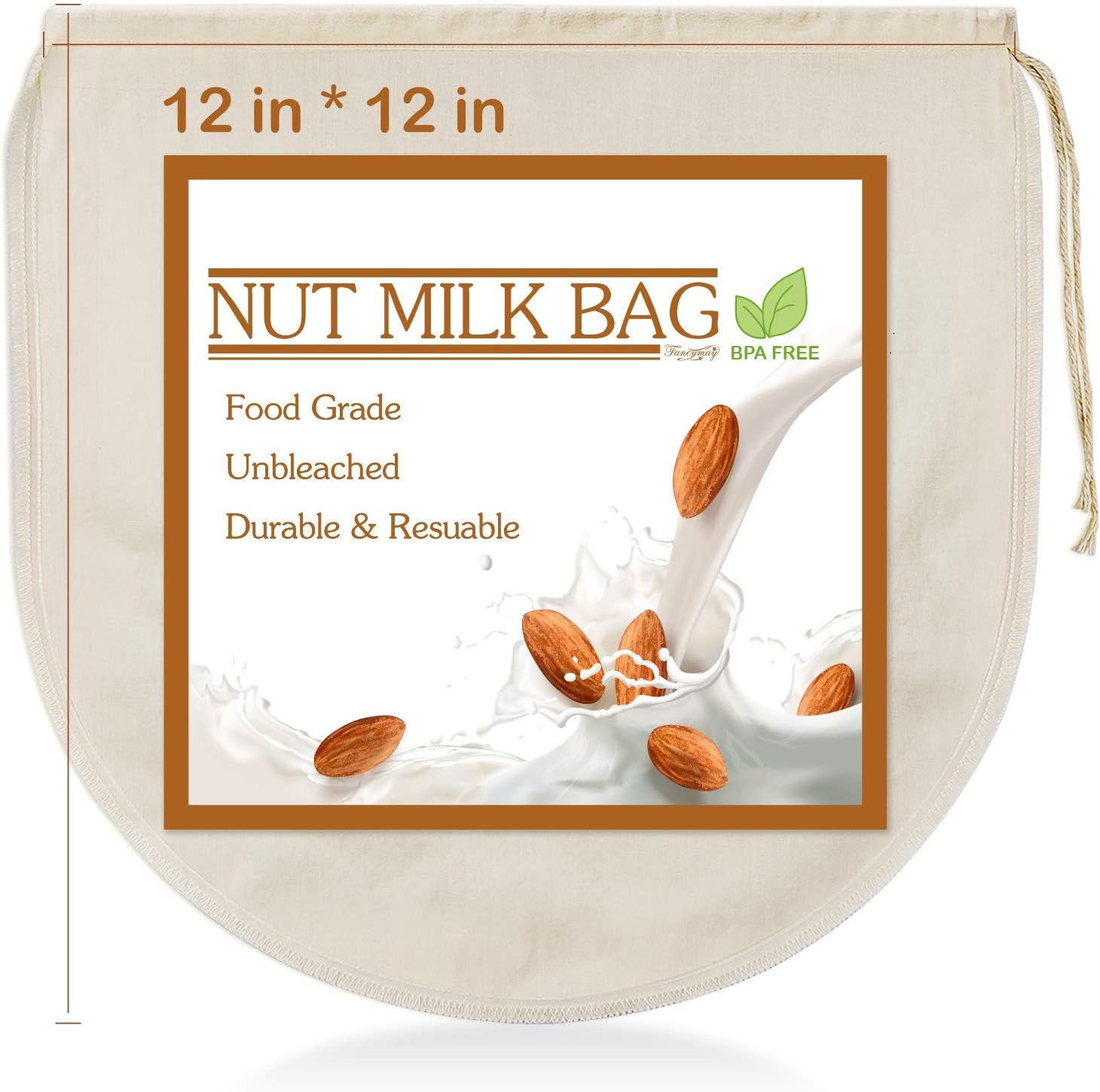3 PCS 12"x12" Nut Milk Bags - 100% Unbleached Cotton Cheesecloth, Reusable Food Strainer Colander For Straining Almond/Oat Milk, Celery Juice, Cold Brew Coffee, Yogurt and Cheese Making