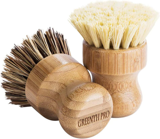 Palm Pot Brush – 3 Pack Bamboo Mini Dish Scrub Brushes with Union & Tampico Fiber for Pots, Pans & Vegetables
