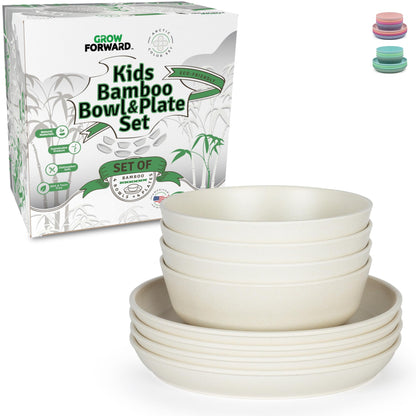 Grow Forward Bamboo Kids Plates and Bowls Sets - 8-Piece Dishwasher Safe Non Toxic Plates for Kids - Reusable Eco Friendly BPA Free Dishes Dinnerware Sets for Children - Rainforest