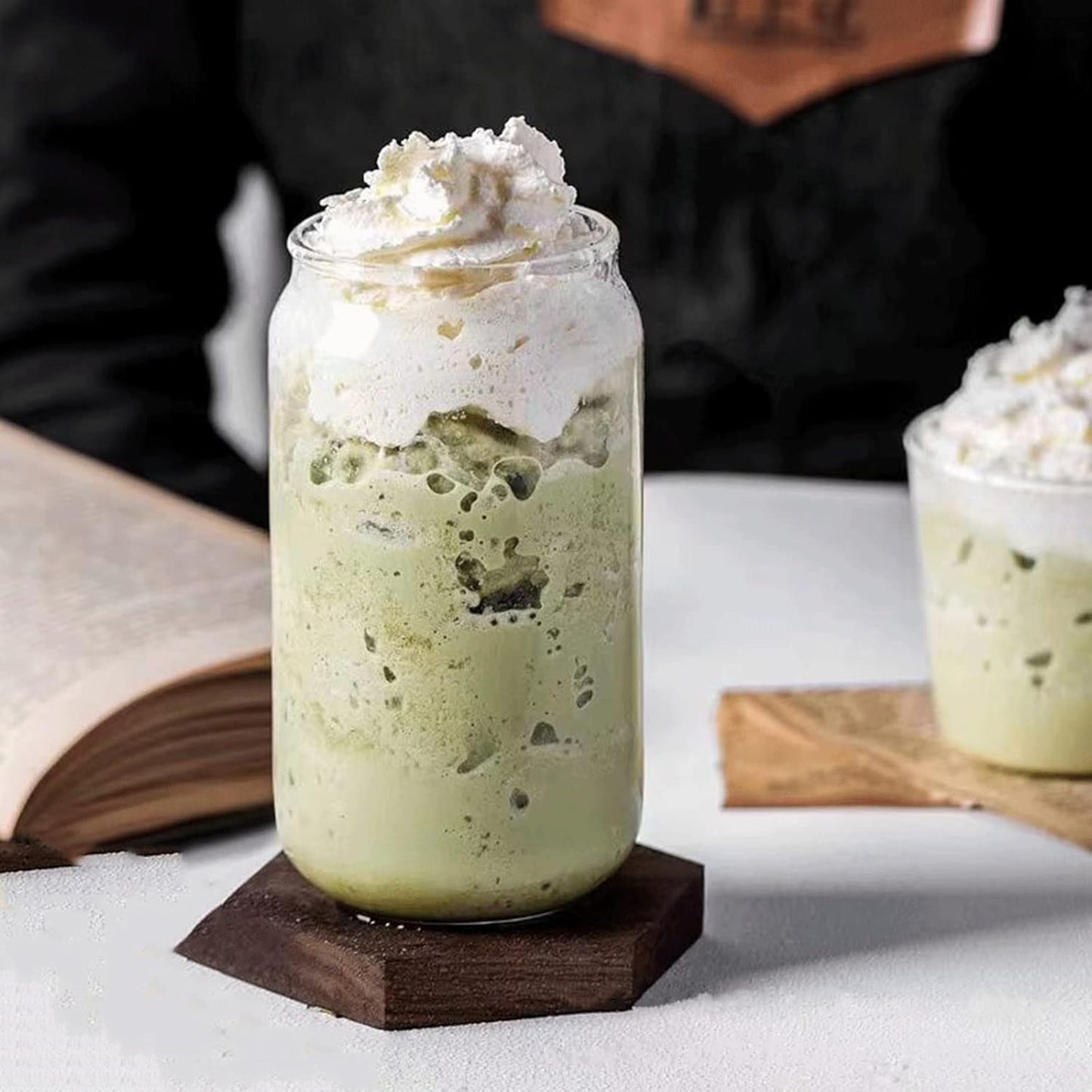 Drinking Glasses with Bamboo Lids and Glass Straw 2PCS Set, 16oz Glass Cups with Lids and Straws, Beer, Iced Coffee Glasses, Soda, Gift 1 Cleaning Brushes