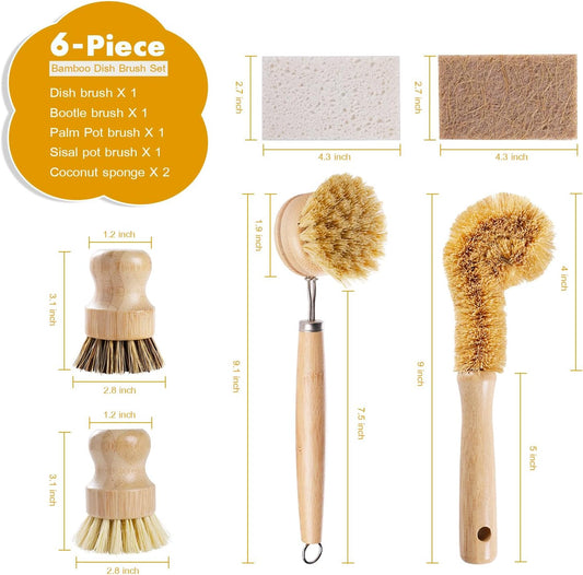 Bamboo Dish Brush Set with Coconut Sponge – For Dishes, Pots, Pans & Bottles