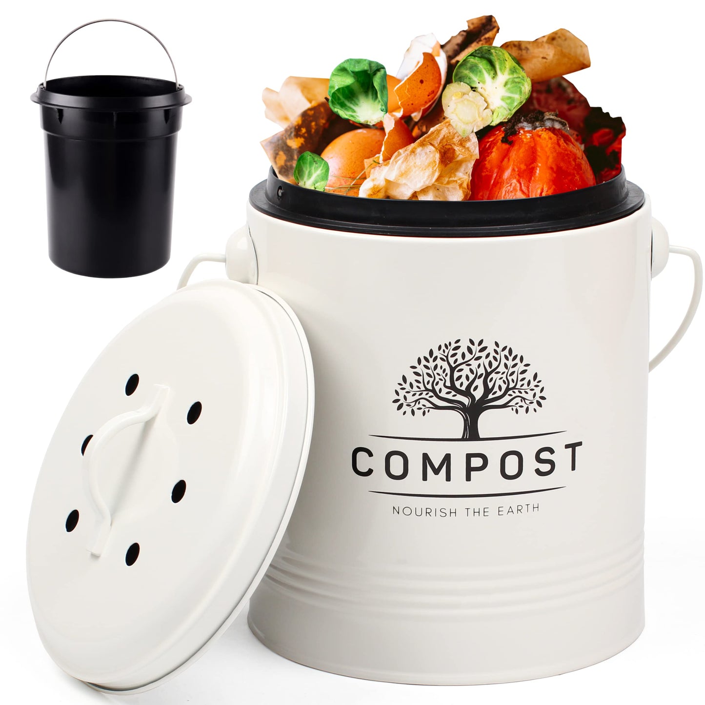 Perfnique Kitchen Compost Bin, 1.3 Gallon Countertop Compost Bin with Lid, Indoor Compost Bucket Includes Inner Bucket Liner and Carbon Filter, Small Compost Bin with Trash Bags (with Bags, Black)