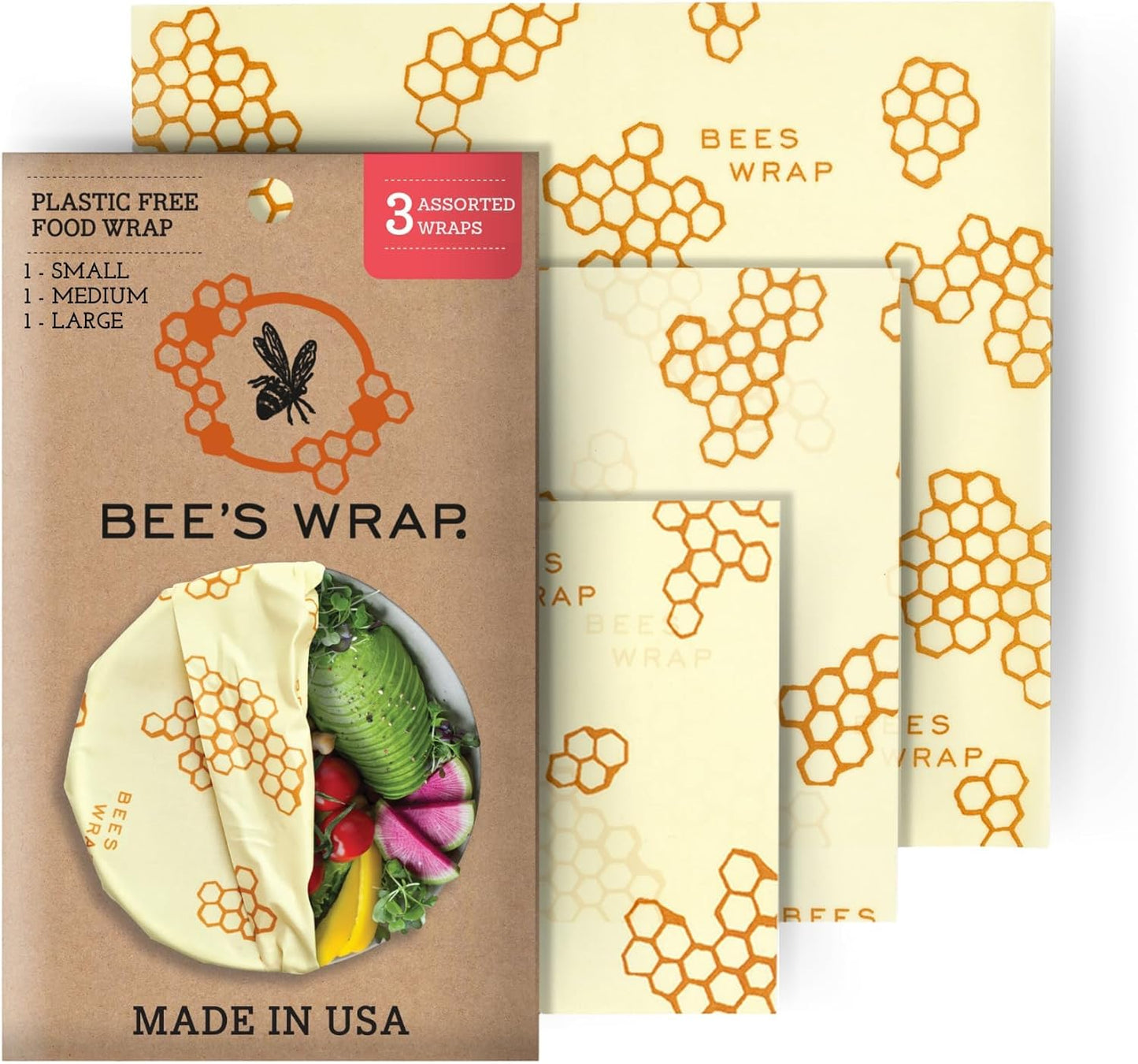 Bee's Wrap Beeswax Wraps for Food - Honeycomb 3 Pack (S, M, L) Made in USA Reusable & Organic Food Wraps, Sandwich Wrap & Bowl Covers - Eco-Friendly Alternative to Aluminum Foil & Plastic Wrap