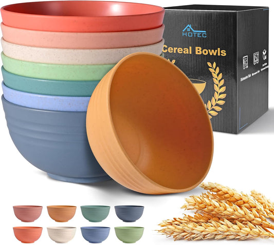 HOTEC BPA Free Unbreakable Wheat Straw Cereal Bowls - Microwave & Dishwasher Safe Soup and Salad Bowls, Set of 8, 26oz, Multicolor