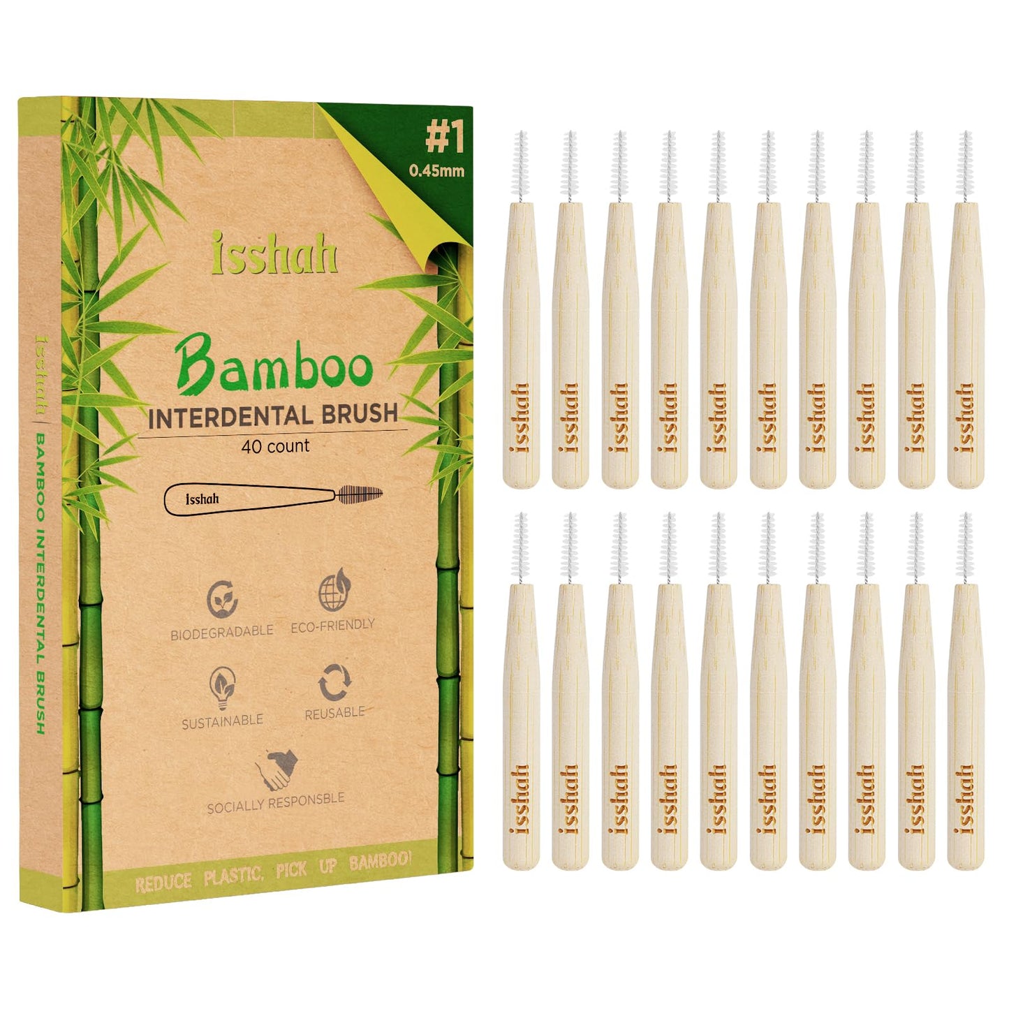 Biodegradable Bamboo Handle Interdental Brushes Between Teeth Cleaner Deep Clean Toothpick, FSC Certified and PETA Approved, Size 2 (0.5mm), 40 Count
