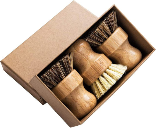 Palm Pot Brush – 3 Pack Bamboo Mini Dish Scrub Brushes with Union & Tampico Fiber for Pots, Pans & Vegetables