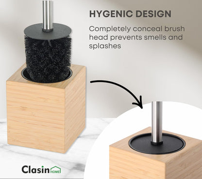 Toilet Brush with Bamboo Holder – Stainless Steel Handle, Long Toilet Scrubber for Deep Cleaning