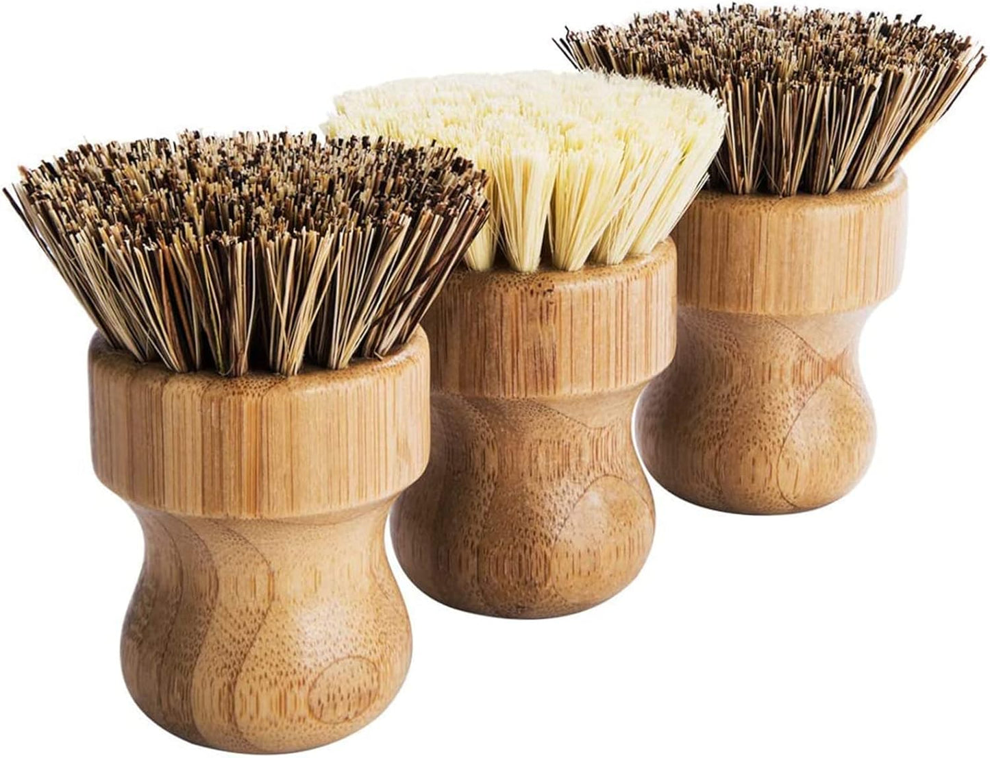 Palm Pot Brush – 3 Pack Bamboo Mini Dish Scrub Brushes with Union & Tampico Fiber for Pots, Pans & Vegetables