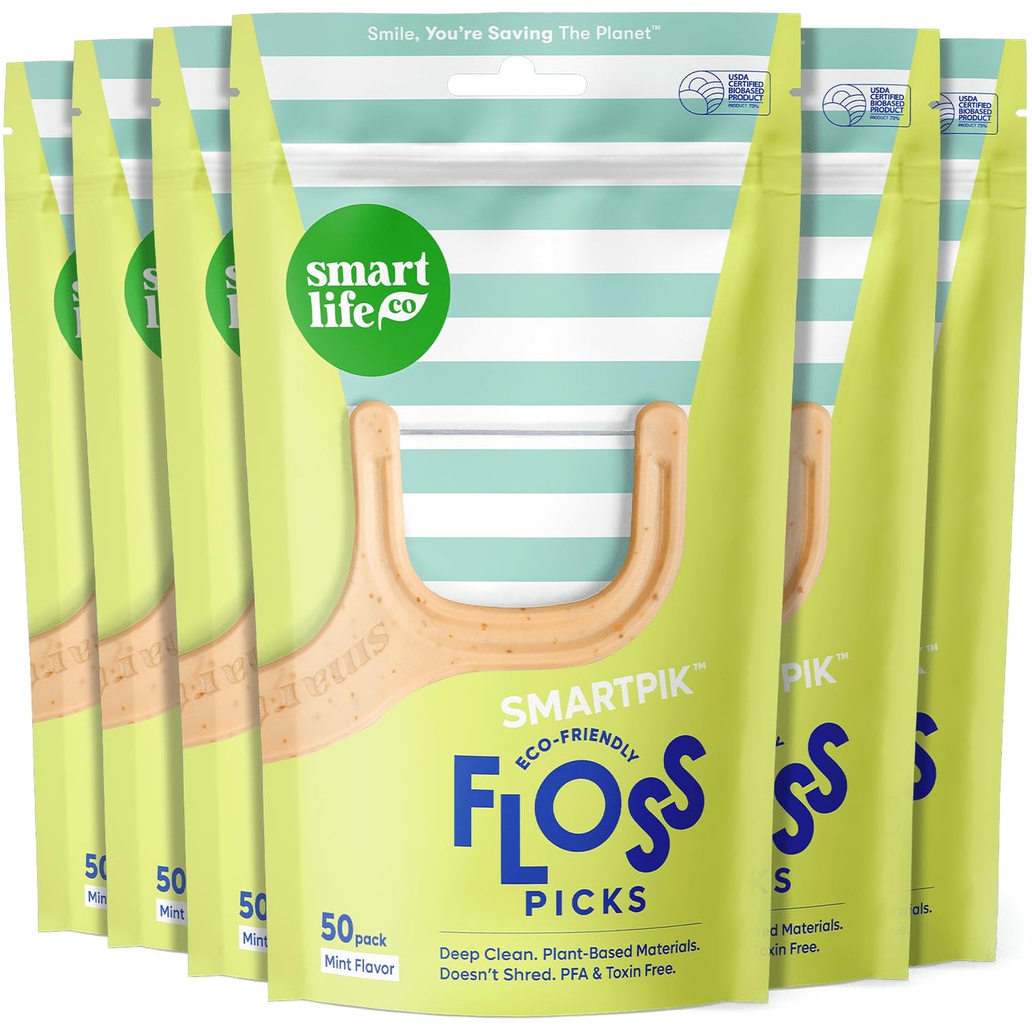 SmartLifeco Eco-Friendly Dental Floss Picks (100ct) - Flossers Made with Straw Wheat, Superior Anti-Shred Thread for Tight Gaps, Tooth Pick Stick for Adults, Soft on Gum & Teeth, Vegan, Mint