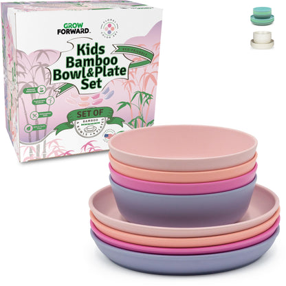 Grow Forward Bamboo Kids Plates and Bowls Sets - 8-Piece Dishwasher Safe Non Toxic Plates for Kids - Reusable Eco Friendly BPA Free Dishes Dinnerware Sets for Children - Rainforest