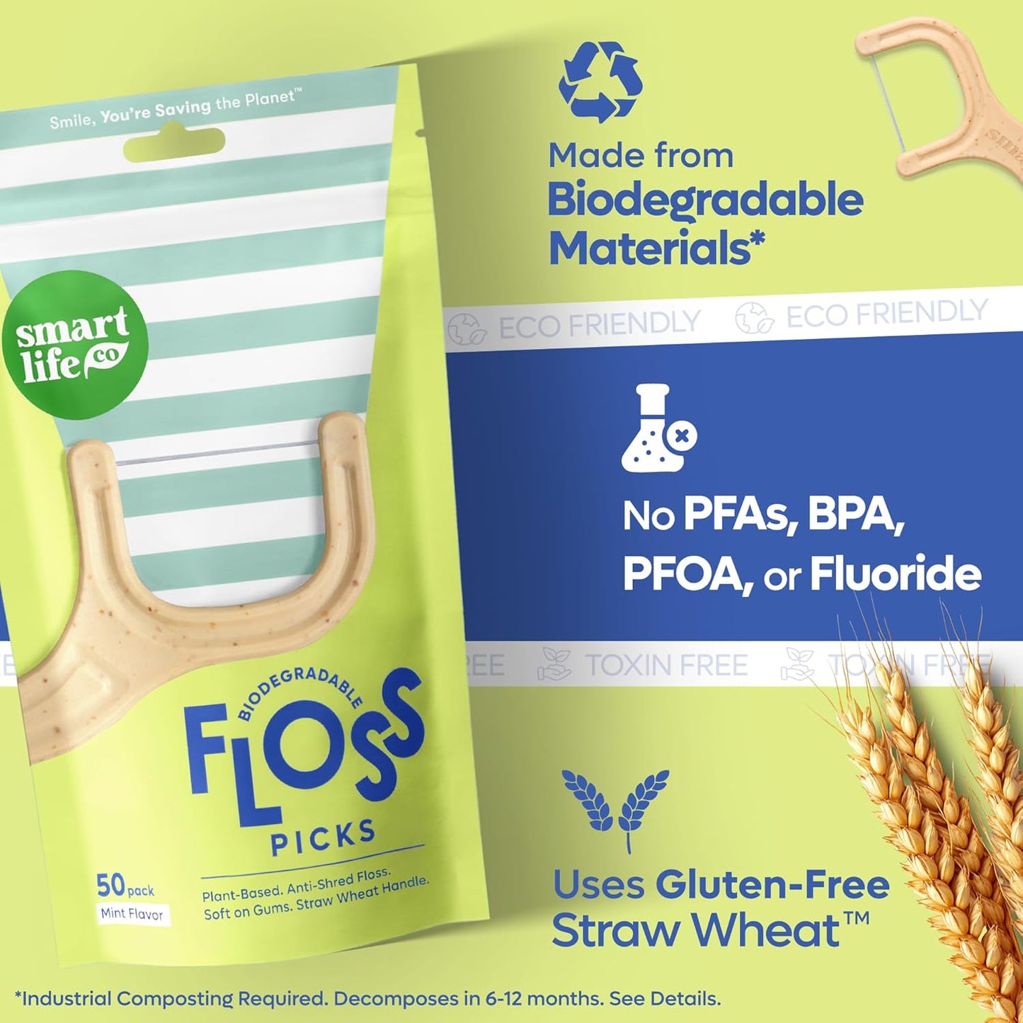 SmartLifeco Eco-Friendly Dental Floss Picks (100ct) - Flossers Made with Straw Wheat, Superior Anti-Shred Thread for Tight Gaps, Tooth Pick Stick for Adults, Soft on Gum & Teeth, Vegan, Mint