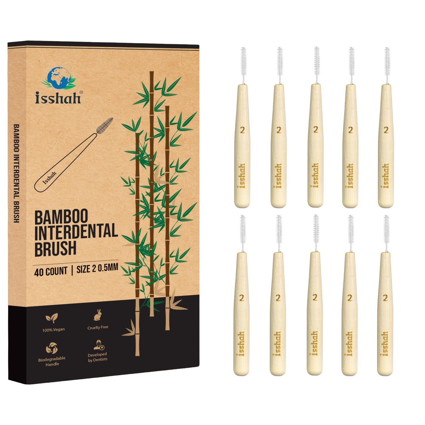 Biodegradable Bamboo Handle Interdental Brushes Between Teeth Cleaner Deep Clean Toothpick, FSC Certified and PETA Approved, Size 2 (0.5mm), 40 Count