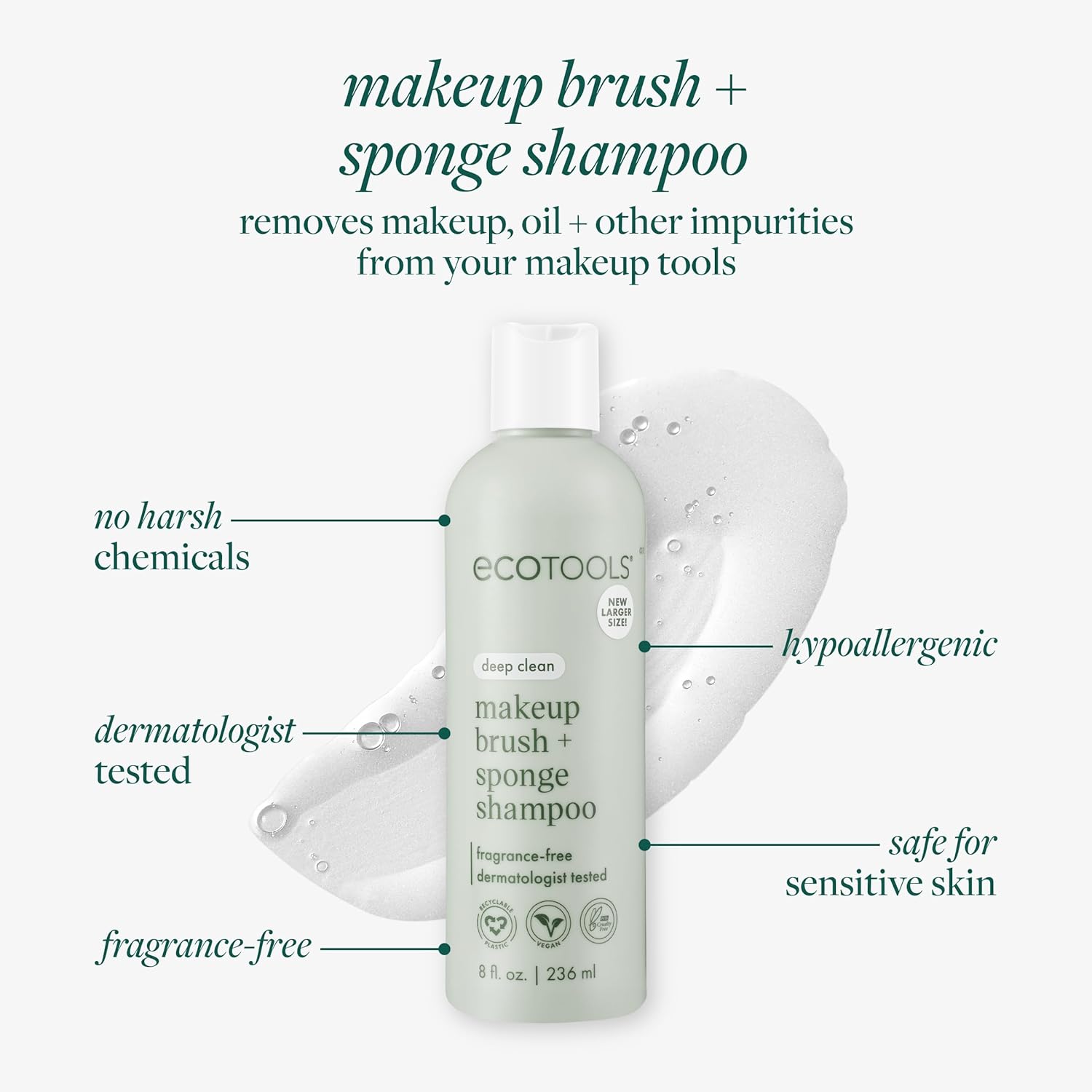 EcoTools XL Makeup Brush + Sponge Shampoo, Removes Makeup, Dirt, & Impurities From Makeup Brushes & Makeup Blending Sponges, Fragrance-Free, Vegan, & Cruelty-Free 16 fl. oz./473 ml, 1 Count, Clear