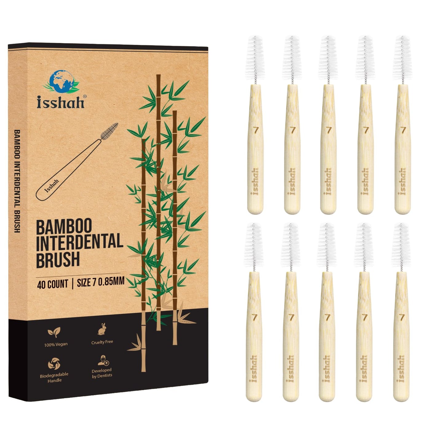 Biodegradable Bamboo Handle Interdental Brushes Between Teeth Cleaner Deep Clean Toothpick, FSC Certified and PETA Approved, Size 2 (0.5mm), 40 Count