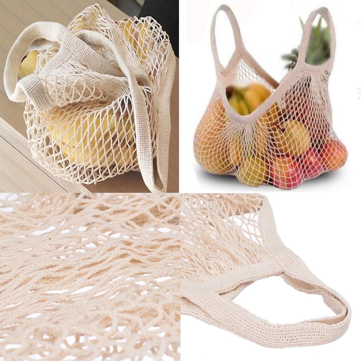 Ahyuan Ecology Reusable Cotton Mesh Grocery Bags Cotton String Bag Net Shopping Mesh Bags Pack of 3 (Beige)