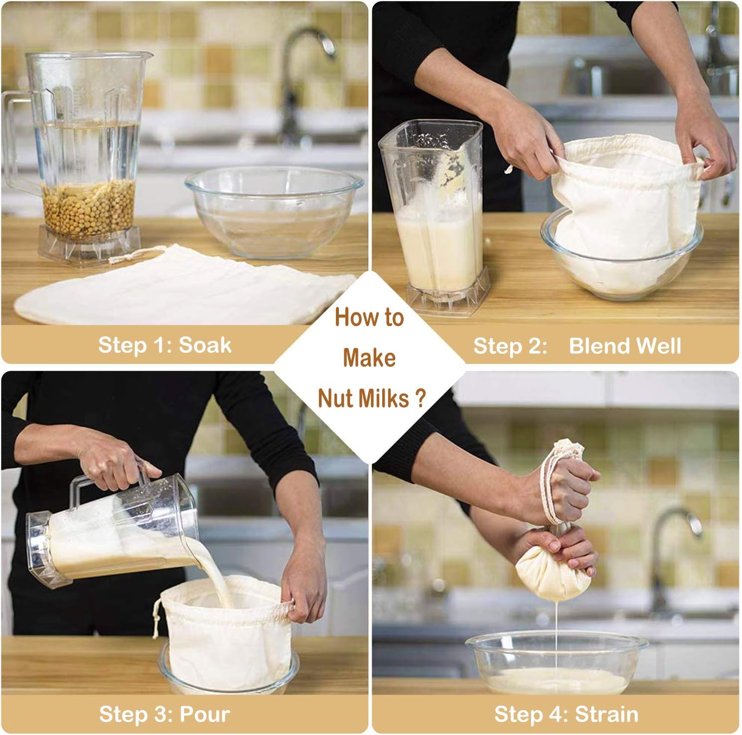 3 PCS 12"x12" Nut Milk Bags - 100% Unbleached Cotton Cheesecloth, Reusable Food Strainer Colander For Straining Almond/Oat Milk, Celery Juice, Cold Brew Coffee, Yogurt and Cheese Making
