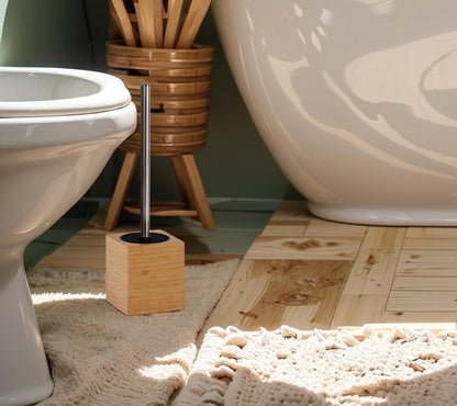 Toilet Brush with Bamboo Holder – Stainless Steel Handle, Long Toilet Scrubber for Deep Cleaning