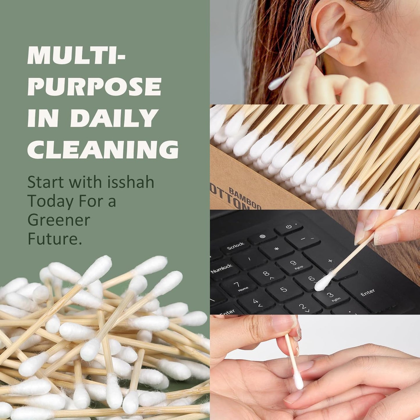 Bamboo Cotton Swabs - 500 Count - FSC Certified and PETA Approved, Eco Friendly Double Tips, Plastic Free Ear Sticks, All Natural 100% Biodegradable Organic Cotton buds by Isshah
