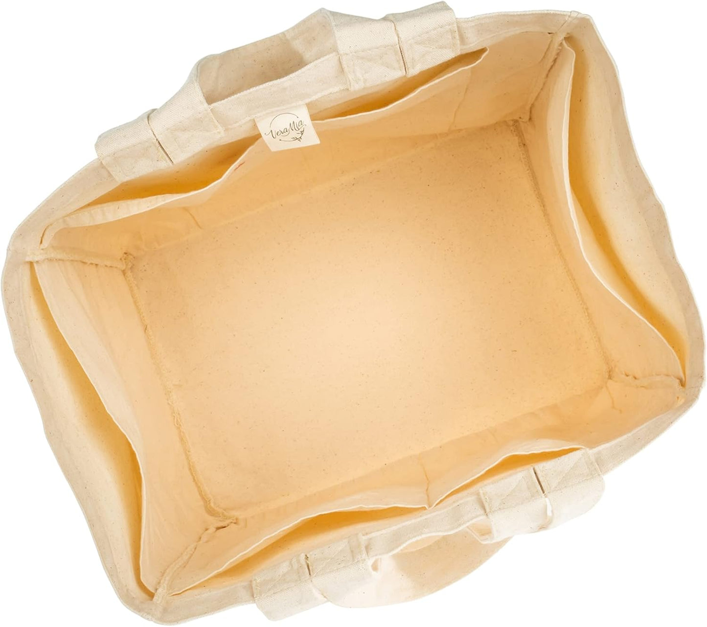 VeraMia Canvas Grocery Bag 3pc XL Set with Real Pockets, Long Shoulder Strap and Short Handle. Heavy Duty, Foldable, Washable