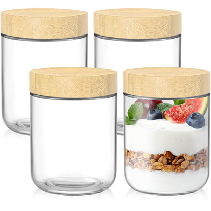DRKIO 10 Oz Overnight Oats Containers with Bamboo Lids - 4 Pack Glass Storage Jars with Airtight Lids Wide Mouth Mason Food Jars Great for Meal Prep Salad Chia Pudding Snacks Yogurt Sugar Spice
