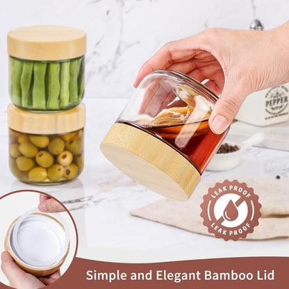 DRKIO 10 Oz Overnight Oats Containers with Bamboo Lids - 4 Pack Glass Storage Jars with Airtight Lids Wide Mouth Mason Food Jars Great for Meal Prep Salad Chia Pudding Snacks Yogurt Sugar Spice