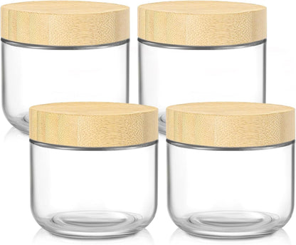 DRKIO 10 Oz Overnight Oats Containers with Bamboo Lids - 4 Pack Glass Storage Jars with Airtight Lids Wide Mouth Mason Food Jars Great for Meal Prep Salad Chia Pudding Snacks Yogurt Sugar Spice