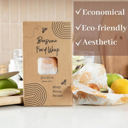 XXL Reusable Beeswax Wraps For Food - 14 x 55 in Roll | Cut to Size Bees Wax Wraps Reusable | Extra Large Beeswax Paper Sheet | Cute Bees Wax Roll for Food Wraps