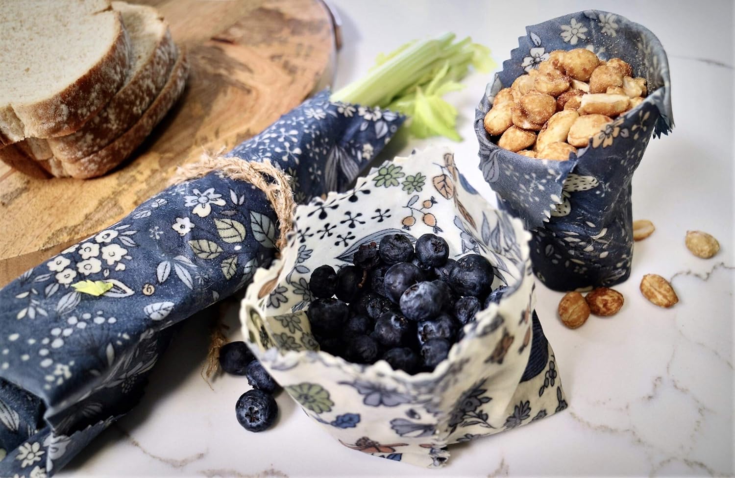 4-Pack Reusable Beeswax Wraps with Produce Bag & 2 Beeswax Bars