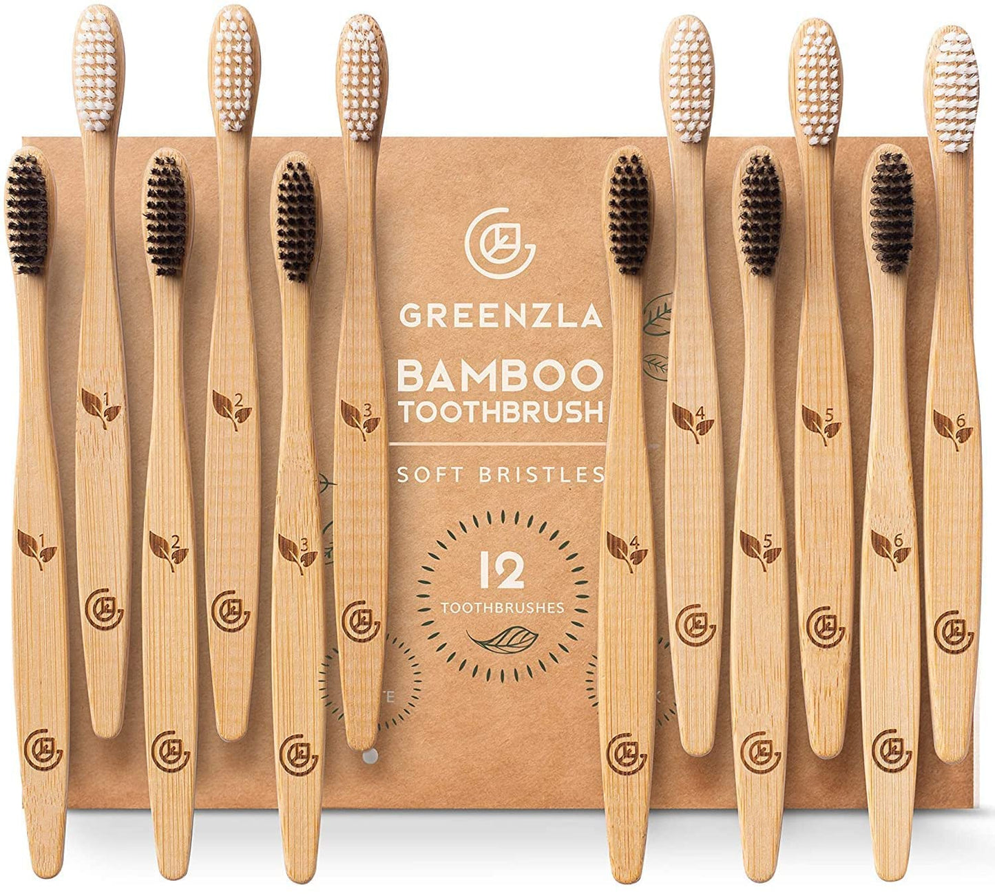 Greenzla Bamboo Toothbrushes, Wooden Toothbrush Set with Soft Bristles, Includes Travel Case and Charcoal Dental Floss, 4 Pack