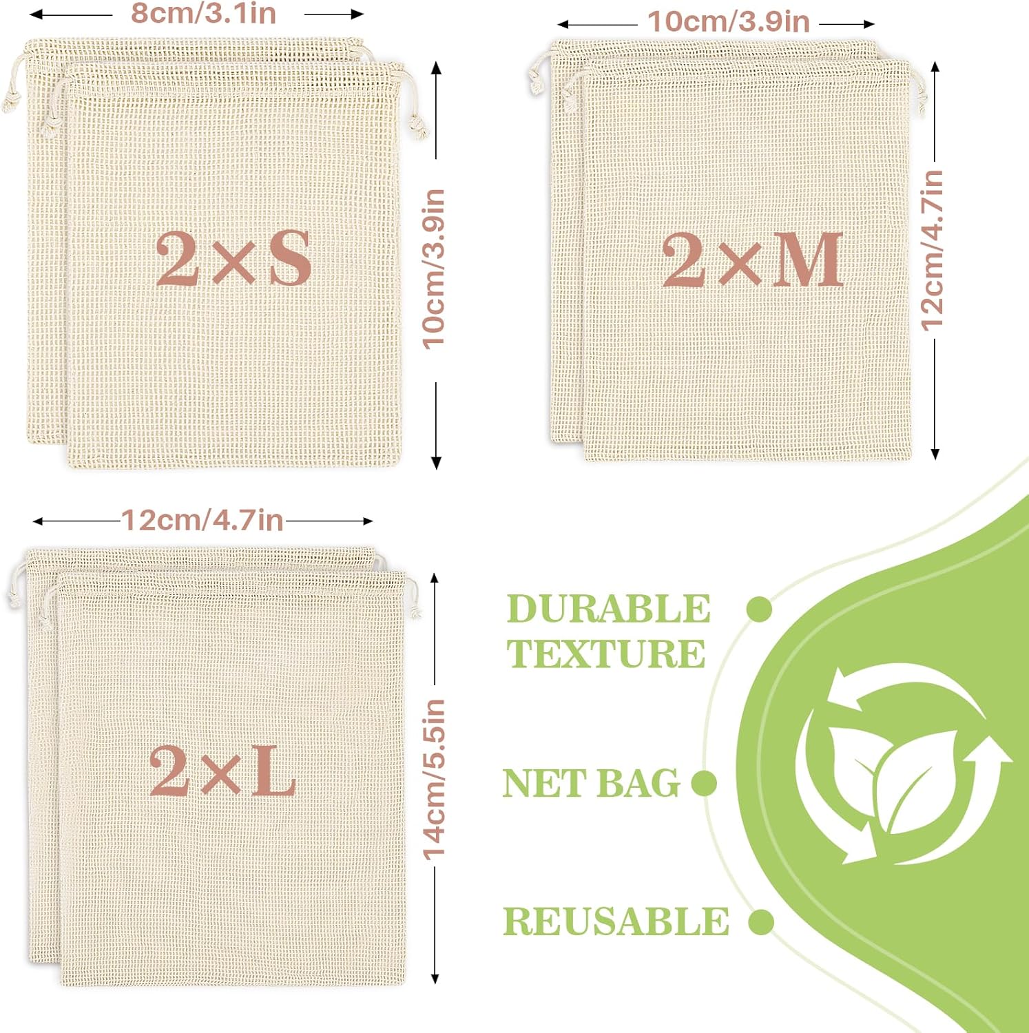 6 Pack Reusable Produce Bags Cotton Mesh Produce Bags Mesh Storage Produce Bags Reusable Durable Double Stitched With Drawstring Produce Bag For Vegetables,Fruit & Grocery Shopping (2L,2M,2S)