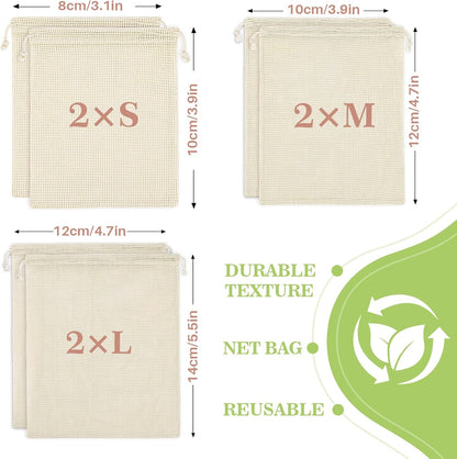 6 Pack Reusable Produce Bags Cotton Mesh Produce Bags Mesh Storage Produce Bags Reusable Durable Double Stitched With Drawstring Produce Bag For Vegetables,Fruit & Grocery Shopping (2L,2M,2S)