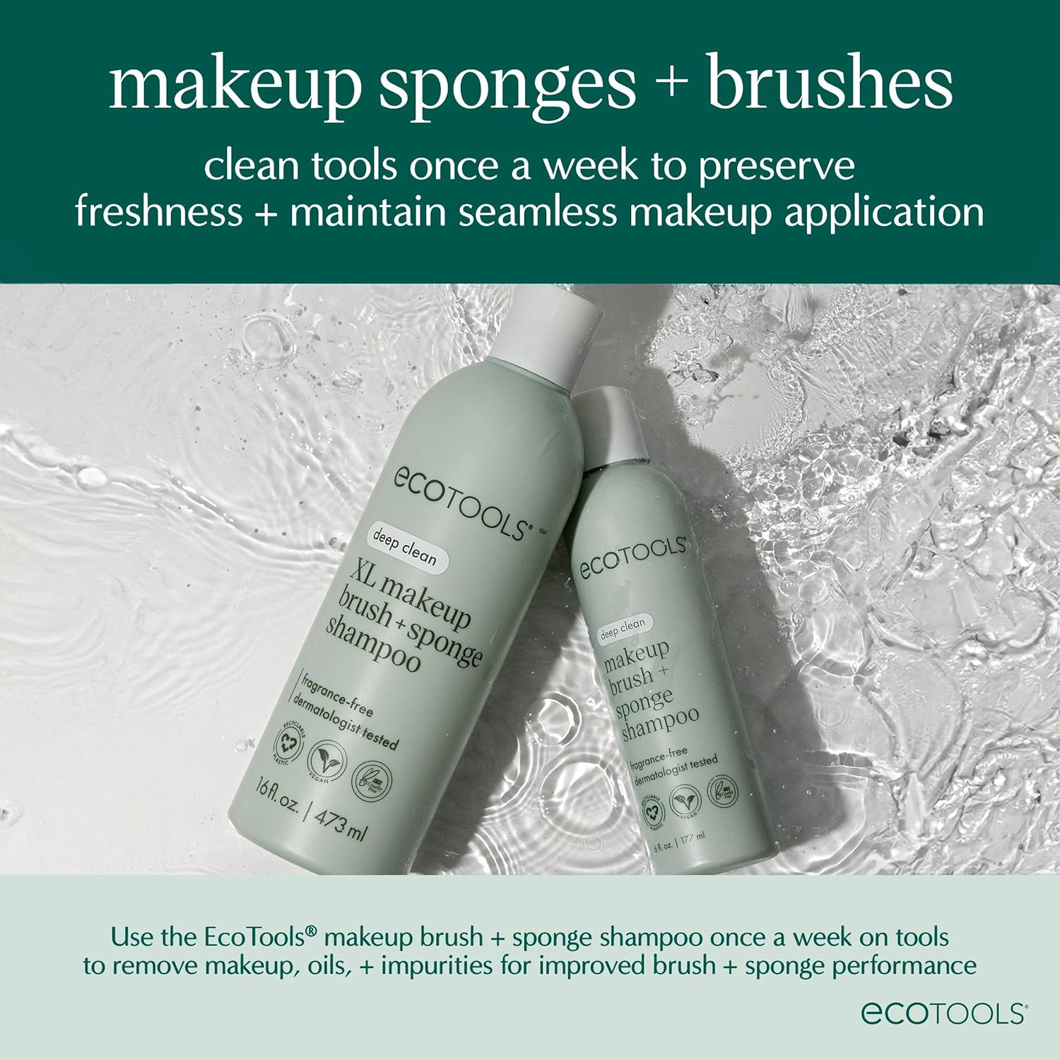 EcoTools XL Makeup Brush + Sponge Shampoo, Removes Makeup, Dirt, & Impurities From Makeup Brushes & Makeup Blending Sponges, Fragrance-Free, Vegan, & Cruelty-Free 16 fl. oz./473 ml, 1 Count, Clear