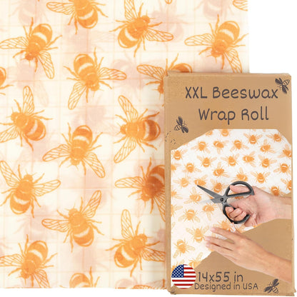XXL Reusable Beeswax Wraps For Food - 14 x 55 in Roll | Cut to Size Bees Wax Wraps Reusable | Extra Large Beeswax Paper Sheet | Cute Bees Wax Roll for Food Wraps