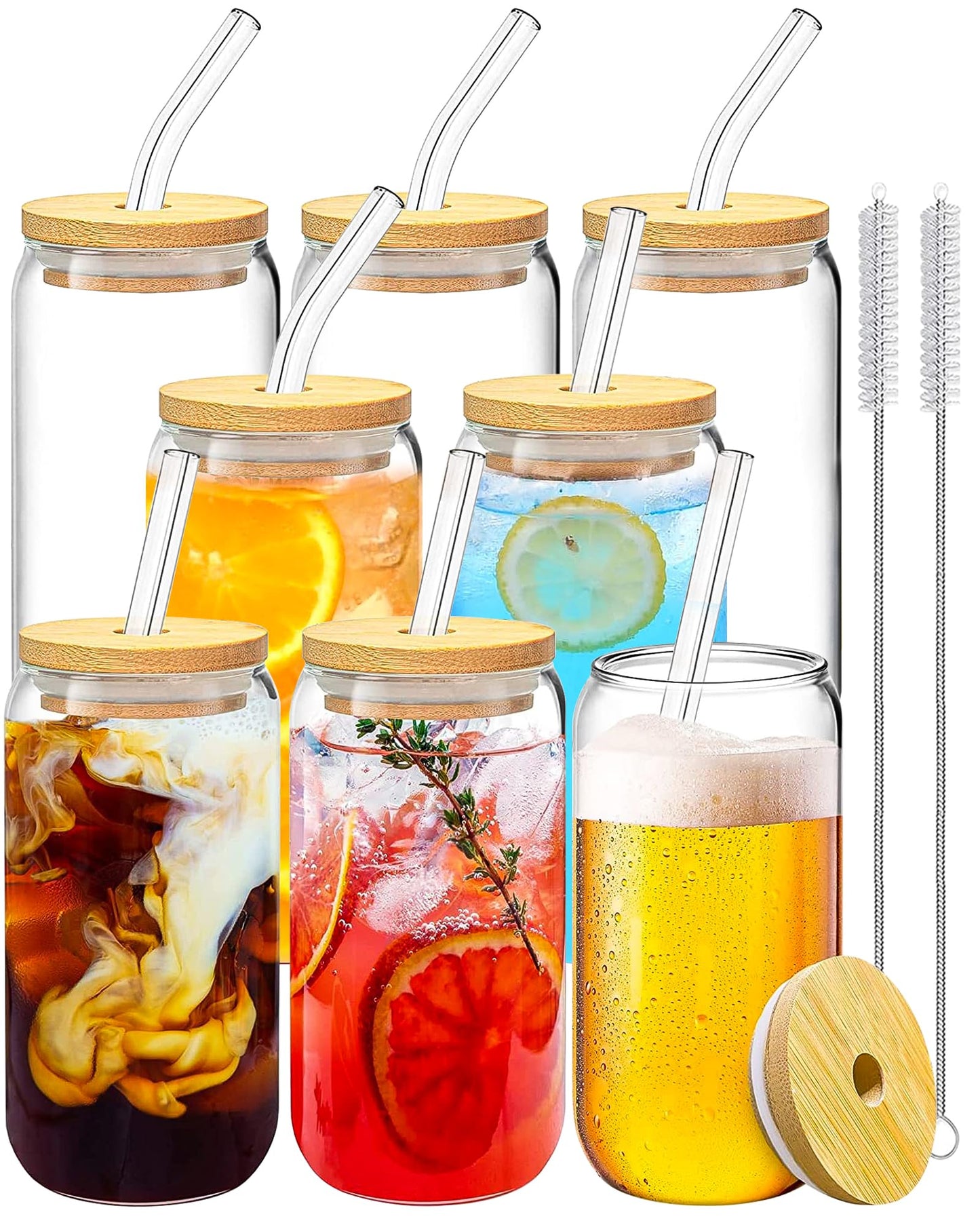 Drinking Glasses with Bamboo Lids and Glass Straw 2PCS Set, 16oz Glass Cups with Lids and Straws, Beer, Iced Coffee Glasses, Soda, Gift 1 Cleaning Brushes