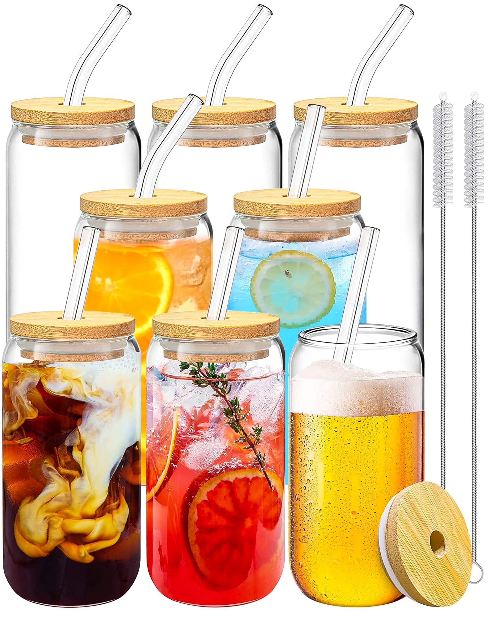 Drinking Glasses with Bamboo Lids and Glass Straw 2PCS Set, 16oz Glass Cups with Lids and Straws, Beer, Iced Coffee Glasses, Soda, Gift 1 Cleaning Brushes