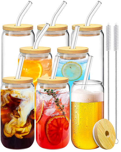 Drinking Glasses with Bamboo Lids and Glass Straw 2PCS Set, 16oz Glass Cups with Lids and Straws, Beer, Iced Coffee Glasses, Soda, Gift 1 Cleaning Brushes