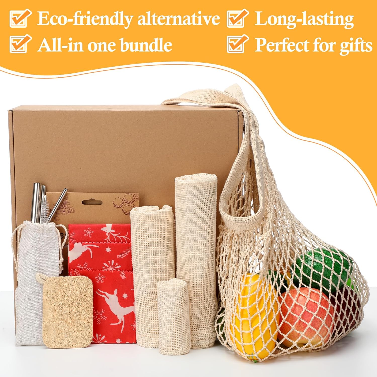 Remerry 13 Pcs Zero Waste Gift Set Beeswax Wraps, Reusable Farmers Market Bags, Mesh Bags, Straws Kit and Natural Loofah Dish Tool Christmas Kitchen Gifts